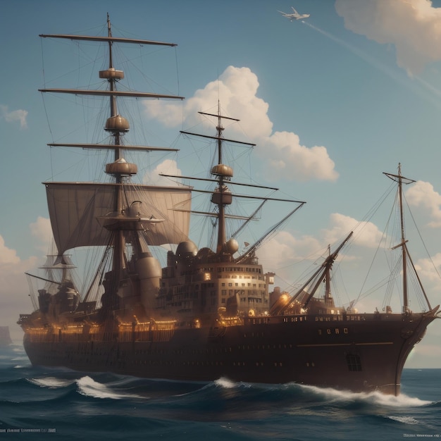 Un dipinto di una nave con una grande vela sul fondo.