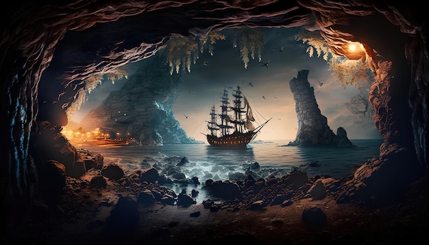 Un dipinto di una nave in una grotta