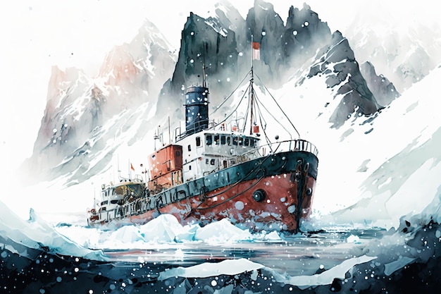 Un dipinto di una nave nell'Artico con la neve sul fondo.