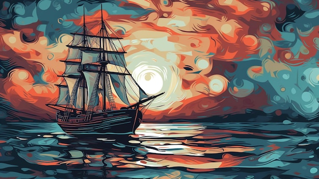 Un dipinto di una nave nell'oceano con il sole che splende sulle nuvole.