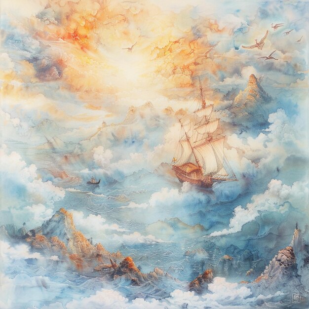 un dipinto di una nave nell'oceano con il sole dietro