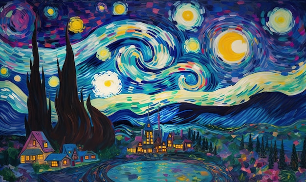 Un dipinto di una notte stellata con sopra il cielo e le stelle.