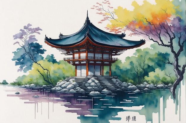 un dipinto di una pagoda con un riflesso di alberi nell'acqua
