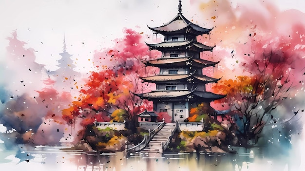 Un dipinto di una pagoda in Giappone