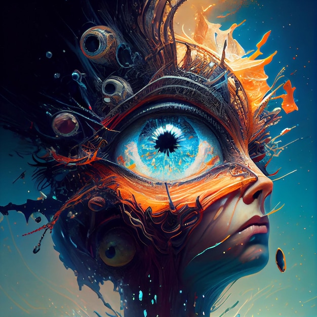 Un dipinto di una persona con un occhio che è stato dipinto con i colori arancione, blu e giallo.