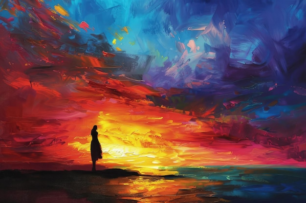 Un dipinto di una persona in piedi su una spiaggia al tramonto