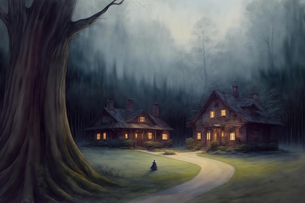 Un dipinto di una persona seduta davanti a una casa