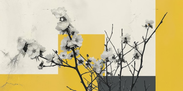 un dipinto di una pianta con fiori bianchi di fronte a uno sfondo giallo