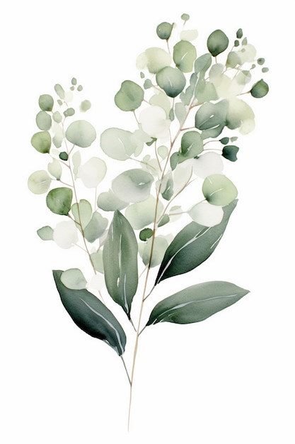 un dipinto di una pianta con foglie verdi e fiori bianchi.