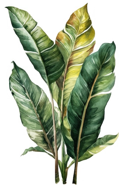 Un dipinto di una pianta tropicale con una foglia verde e la parola banana su di essa.