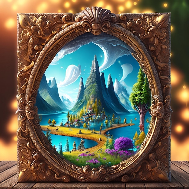 Un dipinto di una piccola città in una cornice con una scena di montagna al centro.