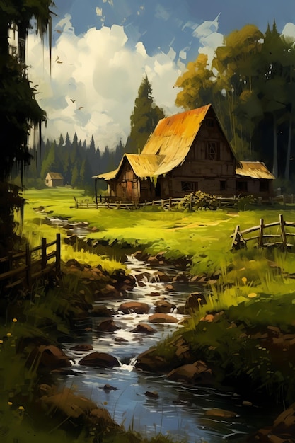 Un dipinto di una piccola fattoria e un ruscello