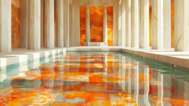 un dipinto di una piscina d'acqua con una finestra di vetro colorato