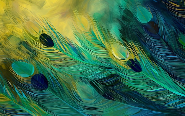 Un dipinto di una piuma di pavone con piume blu e verdi.