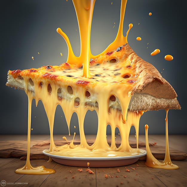 Un dipinto di una pizza che viene versata in un piatto con una fetta di formaggio e salsa.