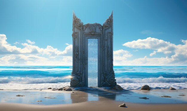 Un dipinto di una porta aperta su una spiaggia tropicale