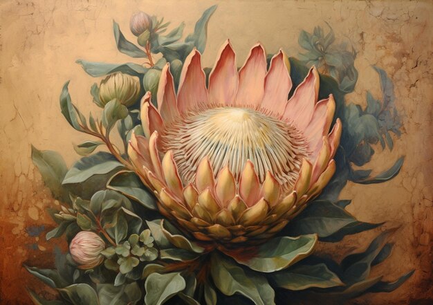 Un dipinto di una protea con foglie e fiori