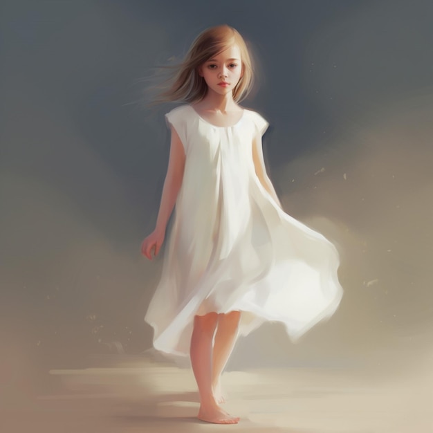 Un dipinto di una ragazza che cammina con un abito bianco con la scritta "sopra".
