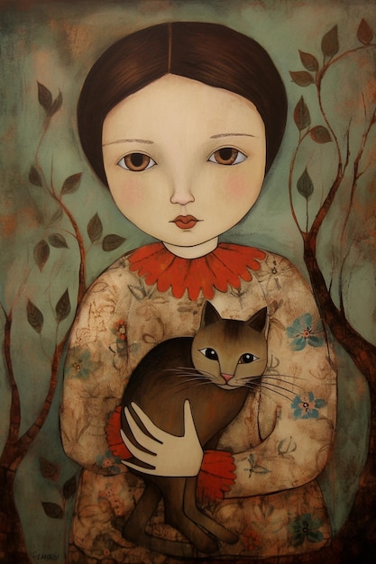 Un dipinto di una ragazza che tiene un gatto
