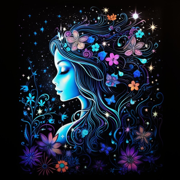 un dipinto di una ragazza con i capelli lunghi e i fiori.