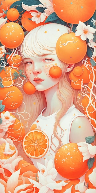 Un dipinto di una ragazza con le arance sul viso