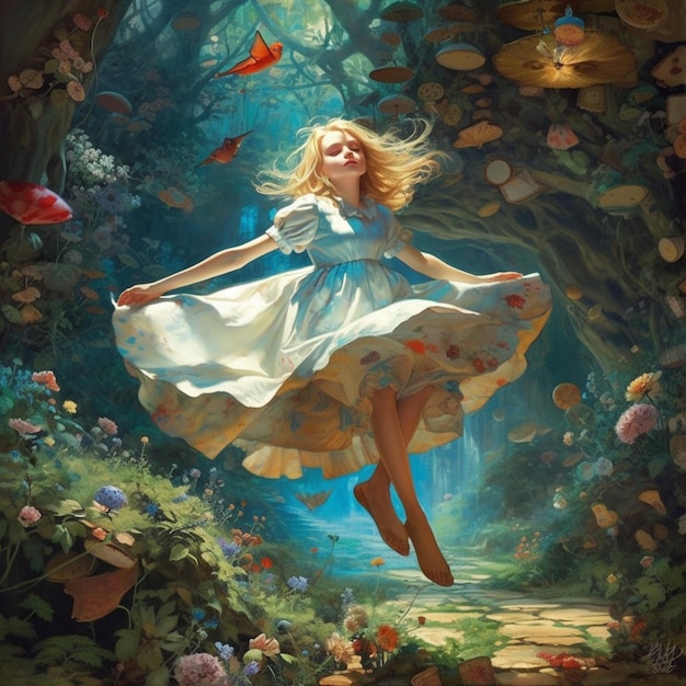 Un dipinto di una ragazza con un vestito blu che galleggia in una foresta con un pesce rosso sul fondo.