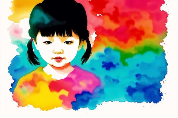Un dipinto di una ragazza con uno sfondo arcobaleno.
