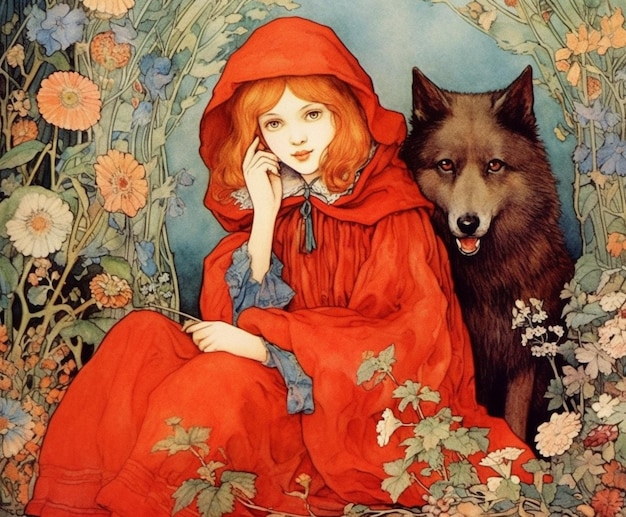 Un dipinto di una ragazza e un lupo
