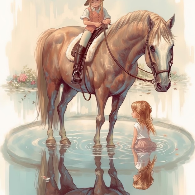 un dipinto di una ragazza su un cavallo con un libro intitolato " una ragazzina "