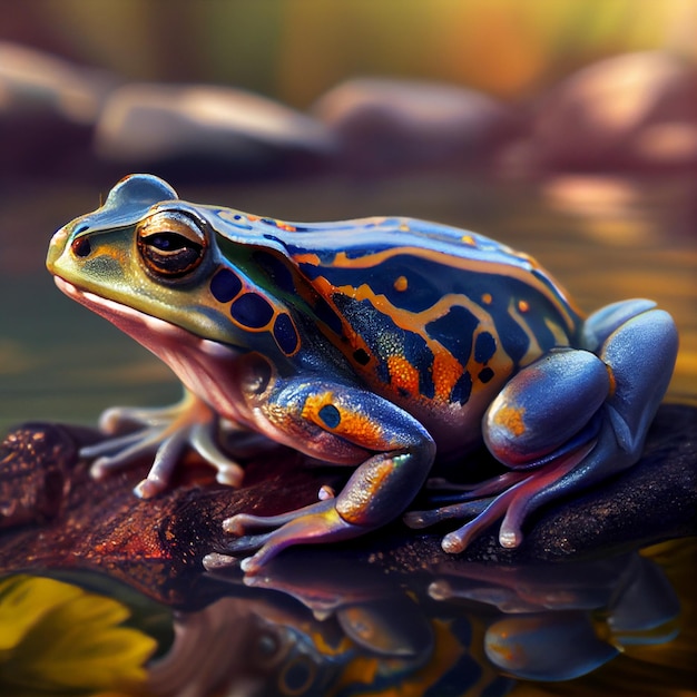 Un dipinto di una rana che ha un corpo blu e giallo e ha una macchia gialla sul ventre.