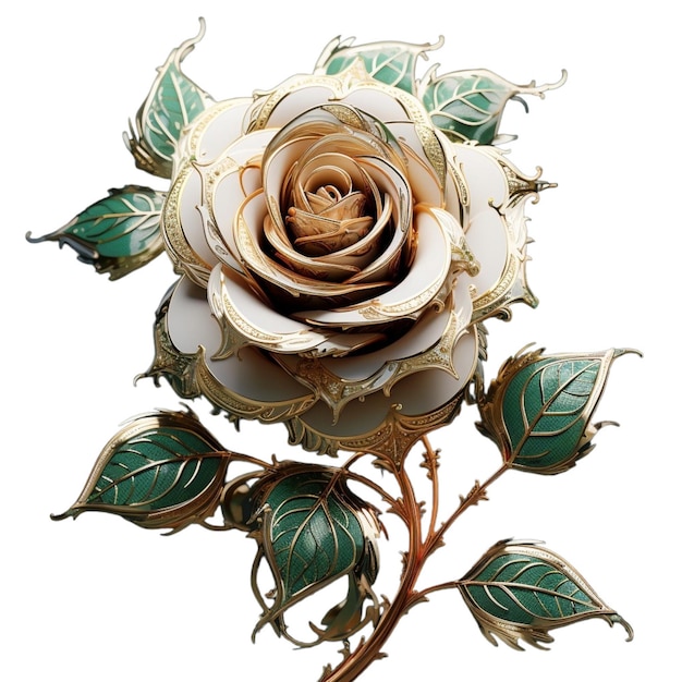 Un dipinto di una rosa con foglie verdi e una rosa bianca.