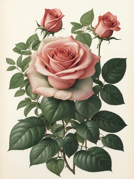 un dipinto di una rosa rosa con foglie verdi