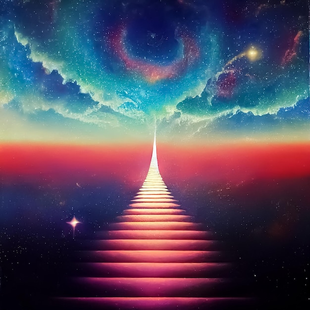Un dipinto di una scala che conduce a una galassia.