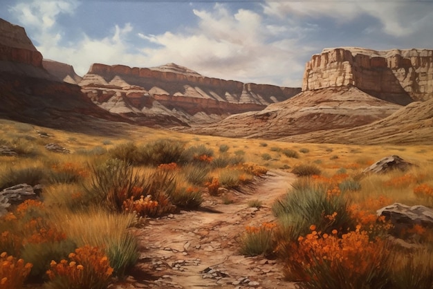Un dipinto di una scena del deserto con una montagna sullo sfondo.