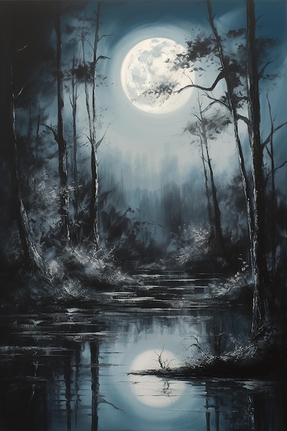 Un dipinto di una scena di foresta con una luna piena nel cielo.