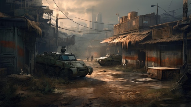 Un dipinto di una scena di strada con carri armati e un edificio sullo sfondo.