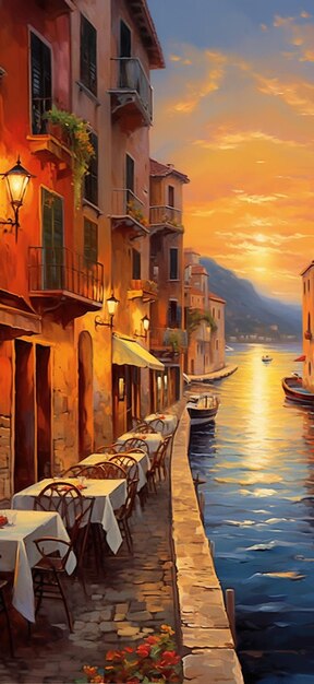 Un dipinto di una scena di strada con un tramonto sullo sfondo.