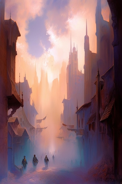 Un dipinto di una scena di strada con una città sullo sfondo.