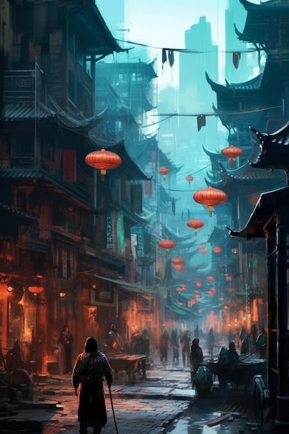 Un dipinto di una scena di strada con una lanterna cinese appesa sopra di essa.