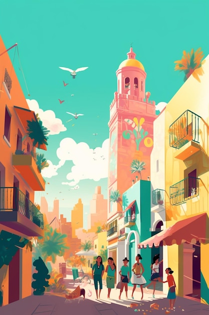 Un dipinto di una scena di strada con una torre dell'orologio sullo sfondo.