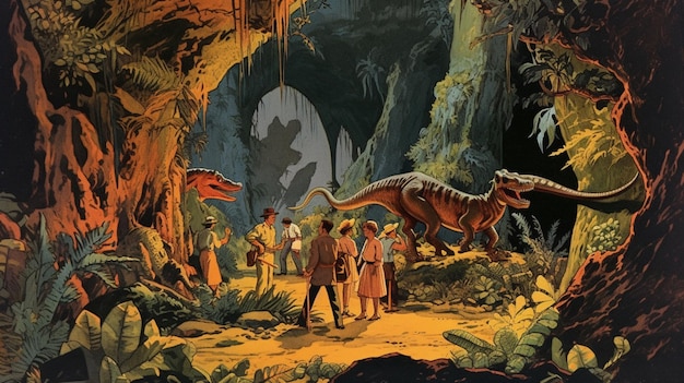 Un dipinto di una scena di una grotta di dinosauri.