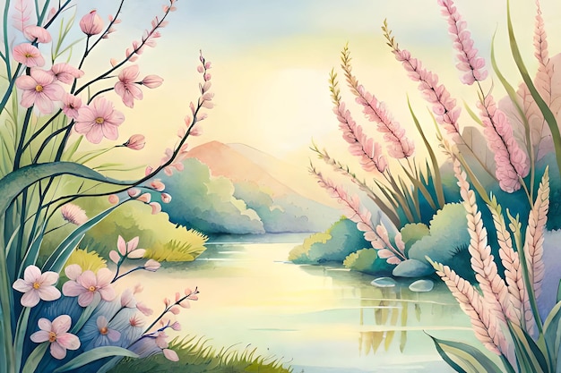 Un dipinto di una scena fluviale con un fiume e fiori.