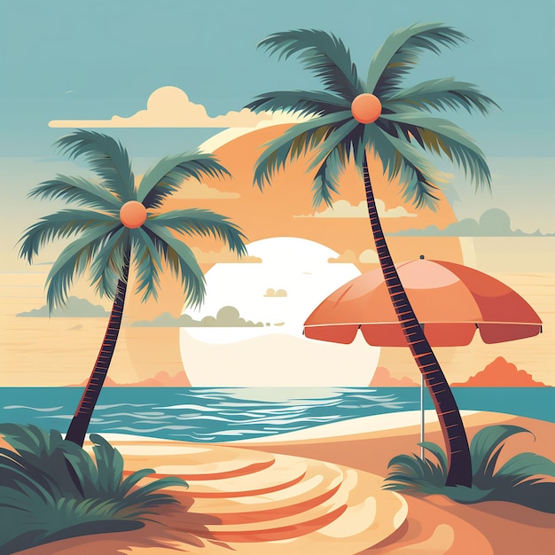 un dipinto di una scena sulla spiaggia con palme e un ombrello
