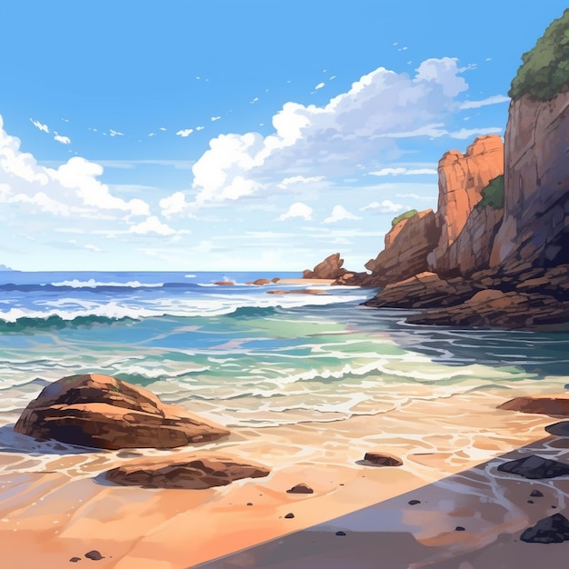 un dipinto di una scena sulla spiaggia con rocce e acqua.
