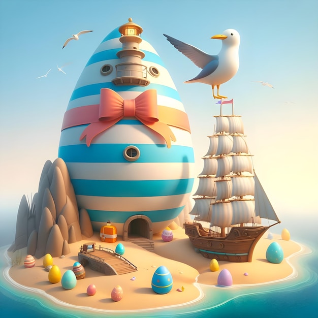 un dipinto di una scena sulla spiaggia con un uccello e una barca con un uccellino su di essa