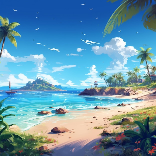 un dipinto di una scena sulla spiaggia con una scena sulla Spiaggia e palme.