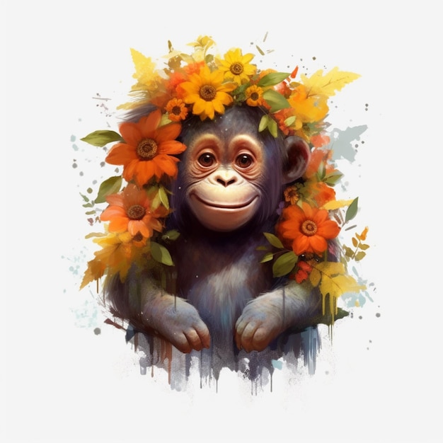 Un dipinto di una scimmia con fiori in testa