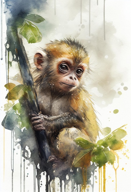 Un dipinto di una scimmia con foglie verdi