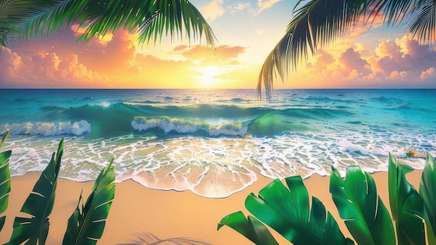 Un dipinto di una spiaggia con foglie di palma e il sole che splende su di essa.