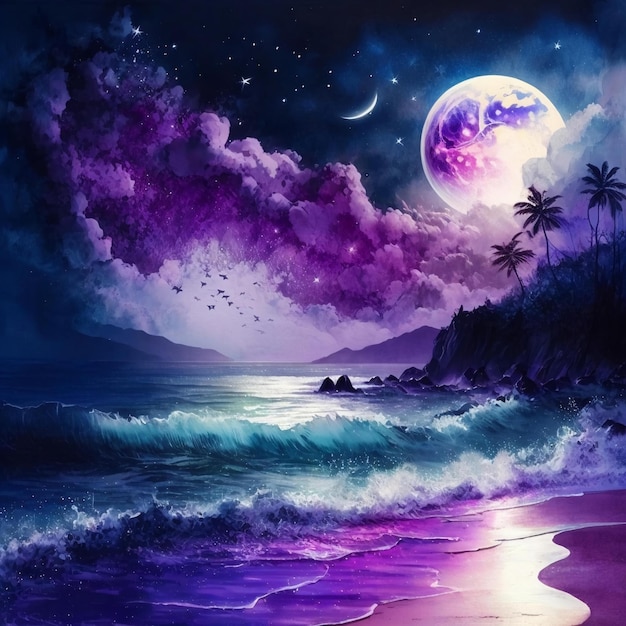 Un dipinto di una spiaggia con luna e stelle